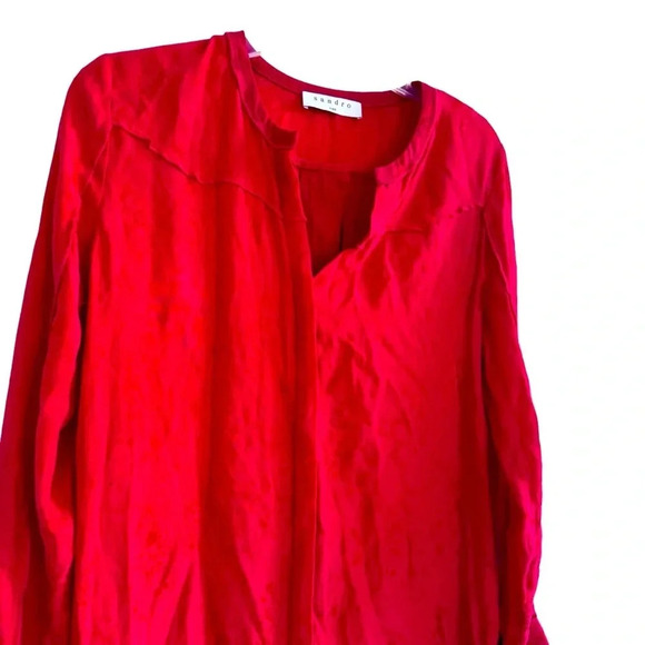 Sandro Paris Red Dress Midi V-neck long sleeve Floral FR 1 / Small US RTR - Picture 2 of 16